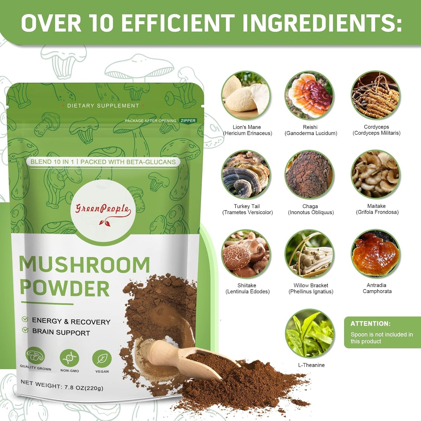 Mushroom Powder Mushroom Supplement - 10-in-1 Mushrooms Lions Mane Powder with Reishi/Cordyceps/Chaga/Turkey Tail/Maitake/Complex for Cognitive Function & Immune Support 78 Servings