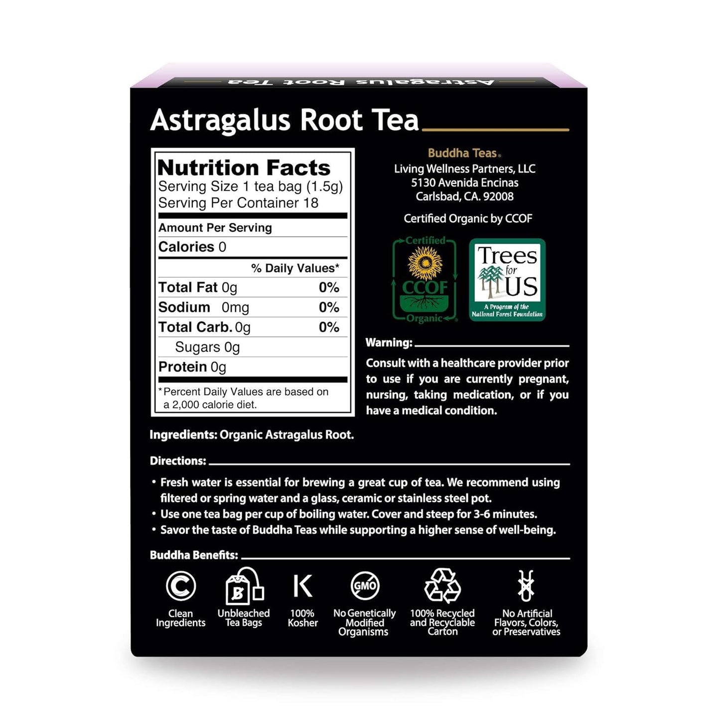 Buddha Teas Organic Astragalus Root Tea | 18 Bleach-Free Tea Bags | Made in the USA | Caffeine-Free | No GMOs
