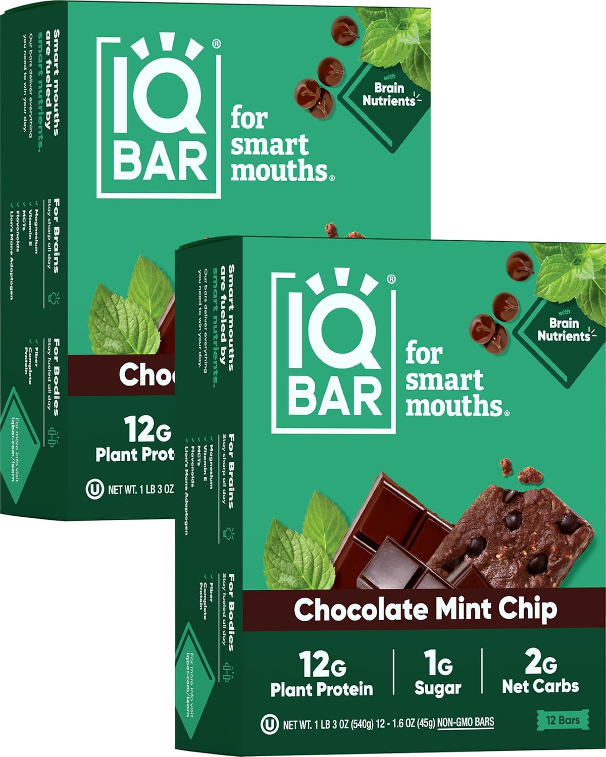 IQBAR Brain and Body Plant Protein Bars - Chocolate Mint Chip - 24-Count Low Carb - Gluten Free, High Fiber, Vegan Snacks - Low Sugar Meal Replacement