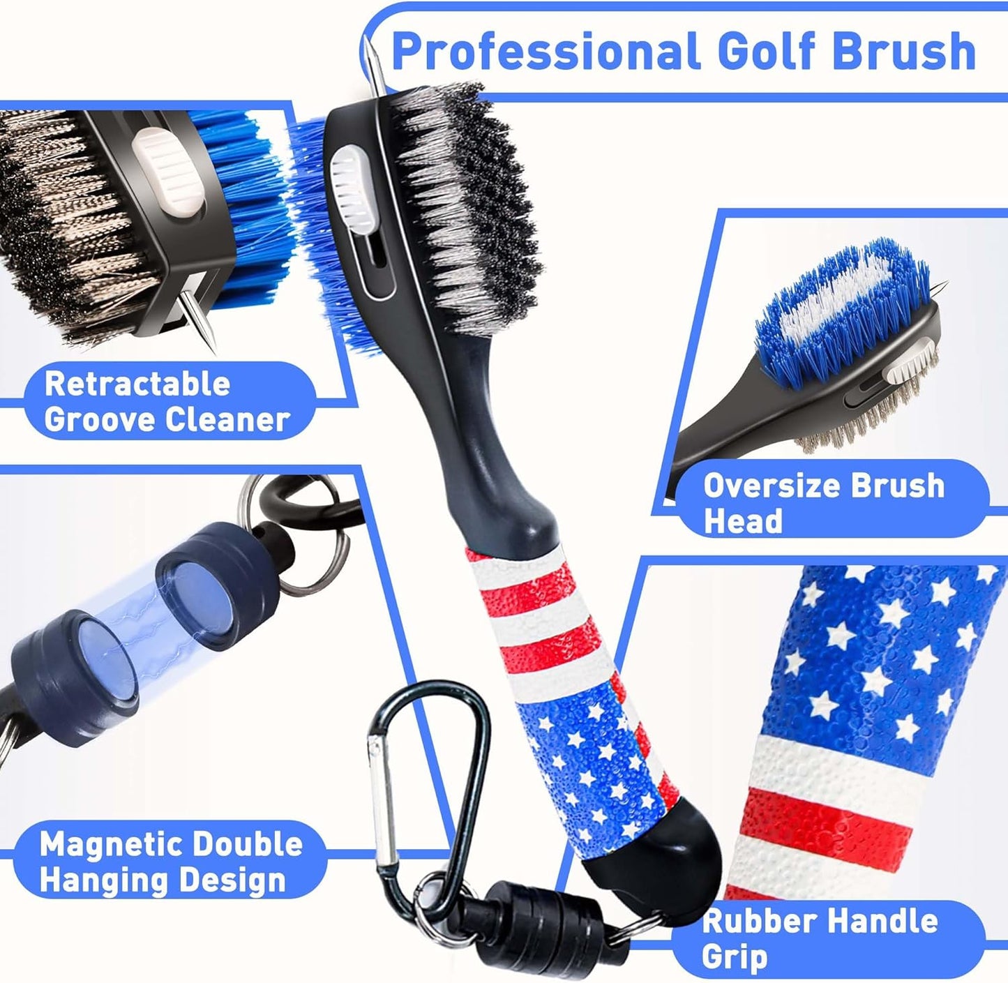 Golf Club Brush and Amercian Flag Golf Towels, Golf Groove Cleaner Cleaning kit, Golf Accessories Cleaner Tool with Strong Magnet Stick to Golf Clubs or Bag