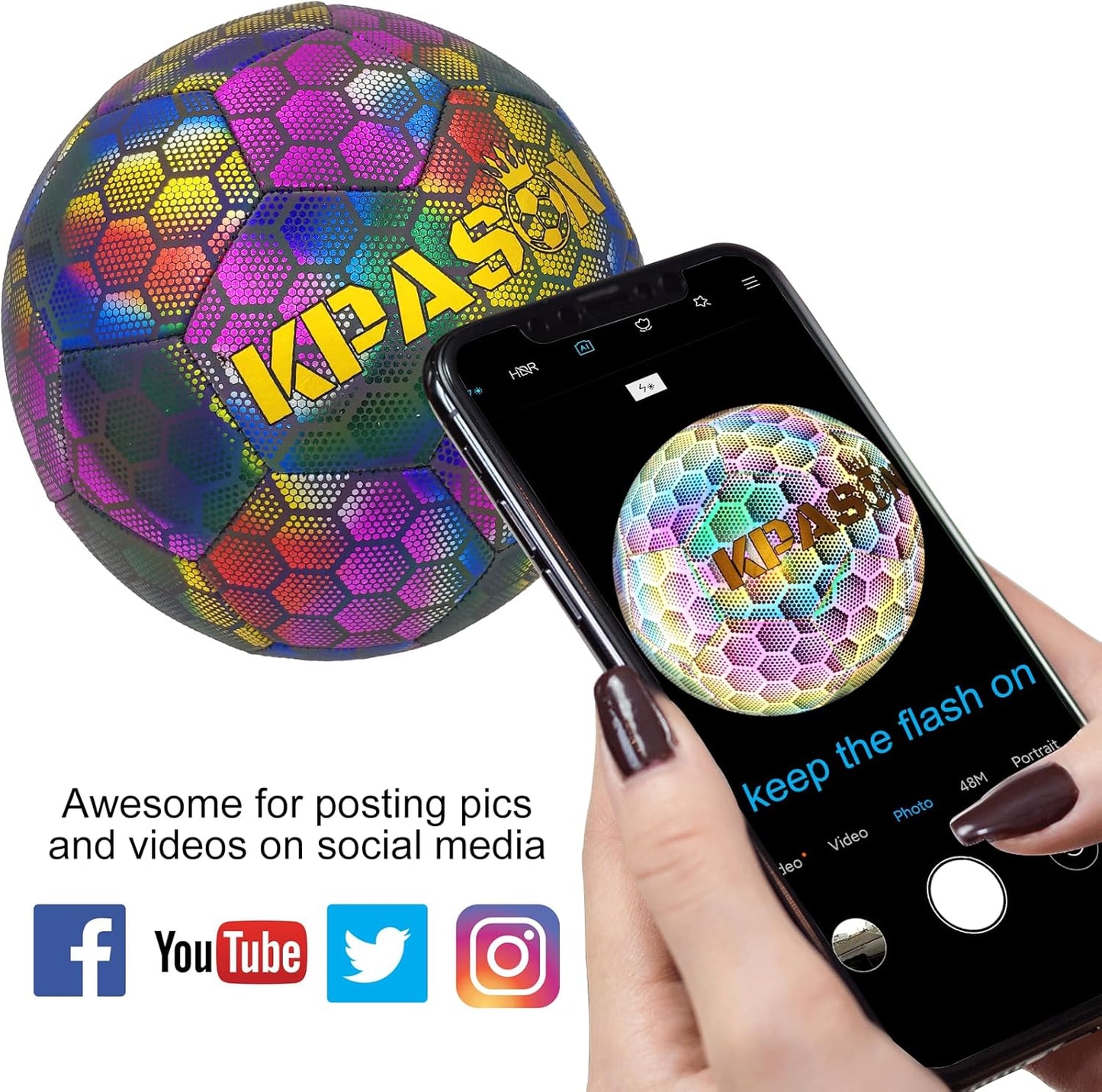 Soccer Ball, Holographic Reflective Glowing Soccer Ball for Men Women Training