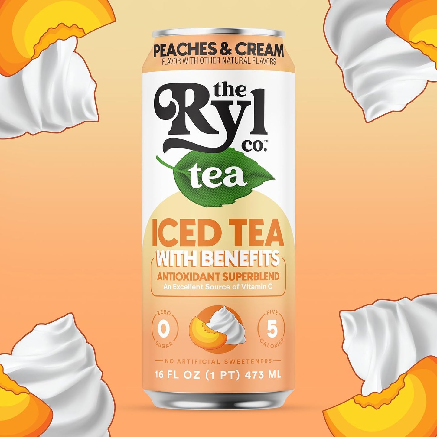 Ryl Iced Tea, Peaches & Cream Tea, Antioxidant Superblend, Zero Sugar, Low Carb, Zero Calorie Iced Tea, 16.0 Fl Oz (12-Pack)