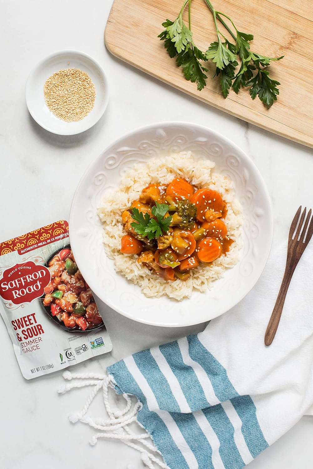 Saffron Road Sweet and Sour Simmer Sauce | Globally Inspired Simmer Sauce | Gluten-free, Vegan, Non-GMO, and Certified Halal and Kosher | 7.0oz Pouch | Pack of 4