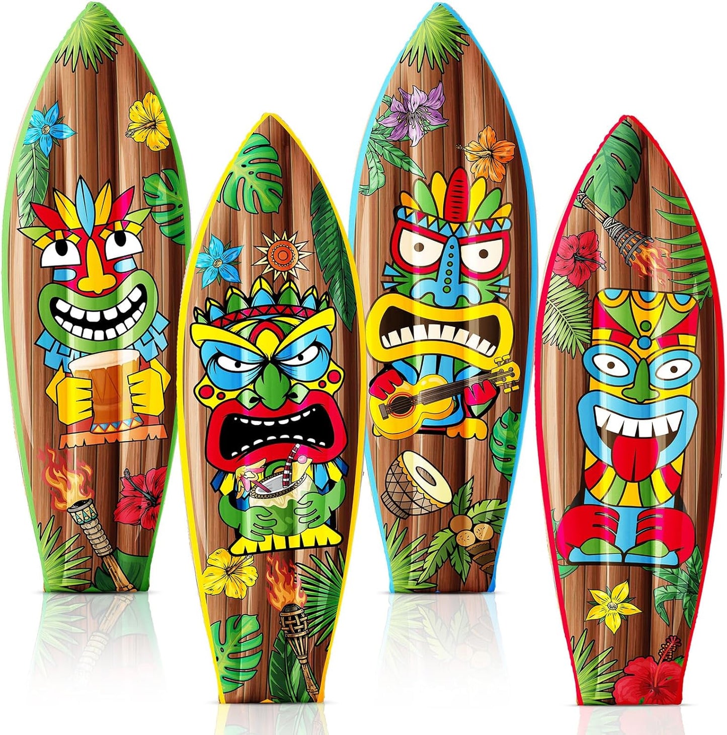 4 Pcs 36 Inch Tiki Inflatable Surf Board Tiki Party Decorations Blow up Surfboard Bar Decorations Inflatable Pool Floats for Hawaiian Luau Tropical Beach Party Supplies Outdoor Decor