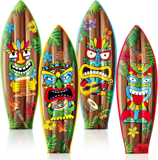 4 Pcs 36 Inch Tiki Inflatable Surf Board Tiki Party Decorations Blow up Surfboard Bar Decorations Inflatable Pool Floats for Hawaiian Luau Tropical Beach Party Supplies Outdoor Decor