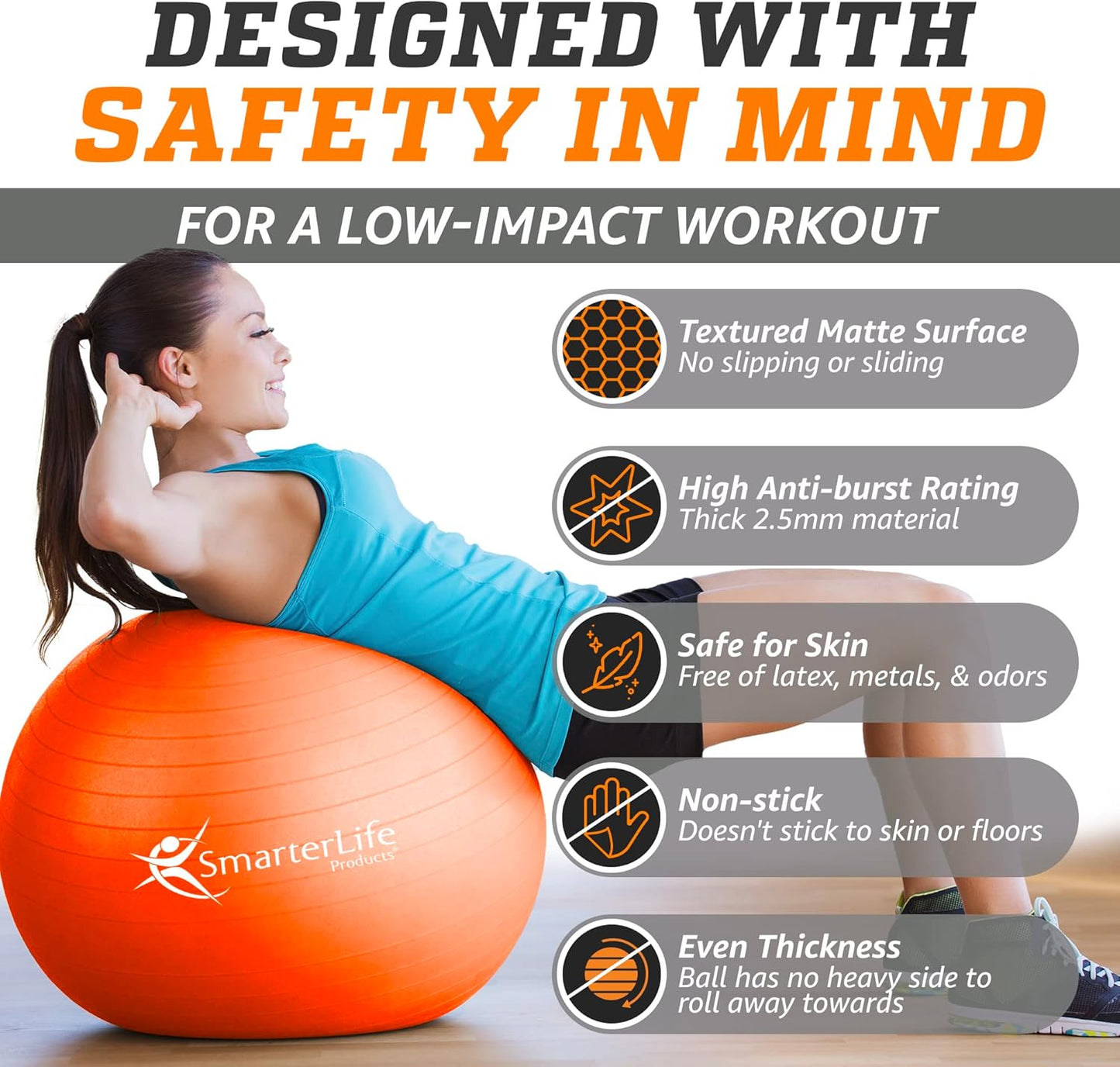 SmarterLife Exercise Ball Yoga Ball for Fitness, Balance, Stability, or Pregnancy, Gym Ball for Core Workout, Physical Therapy, Yoga Ball Chair for Office, Anti-Slip Anti-Burst