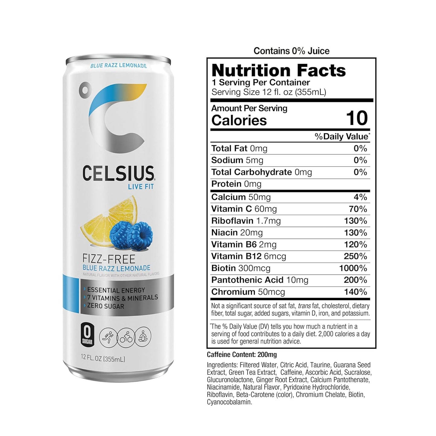 CELSIUS Fizz Free Blue Razz Lemonade, Sugar Free Energy Drink, 12 Fl Oz (Pack of 12)