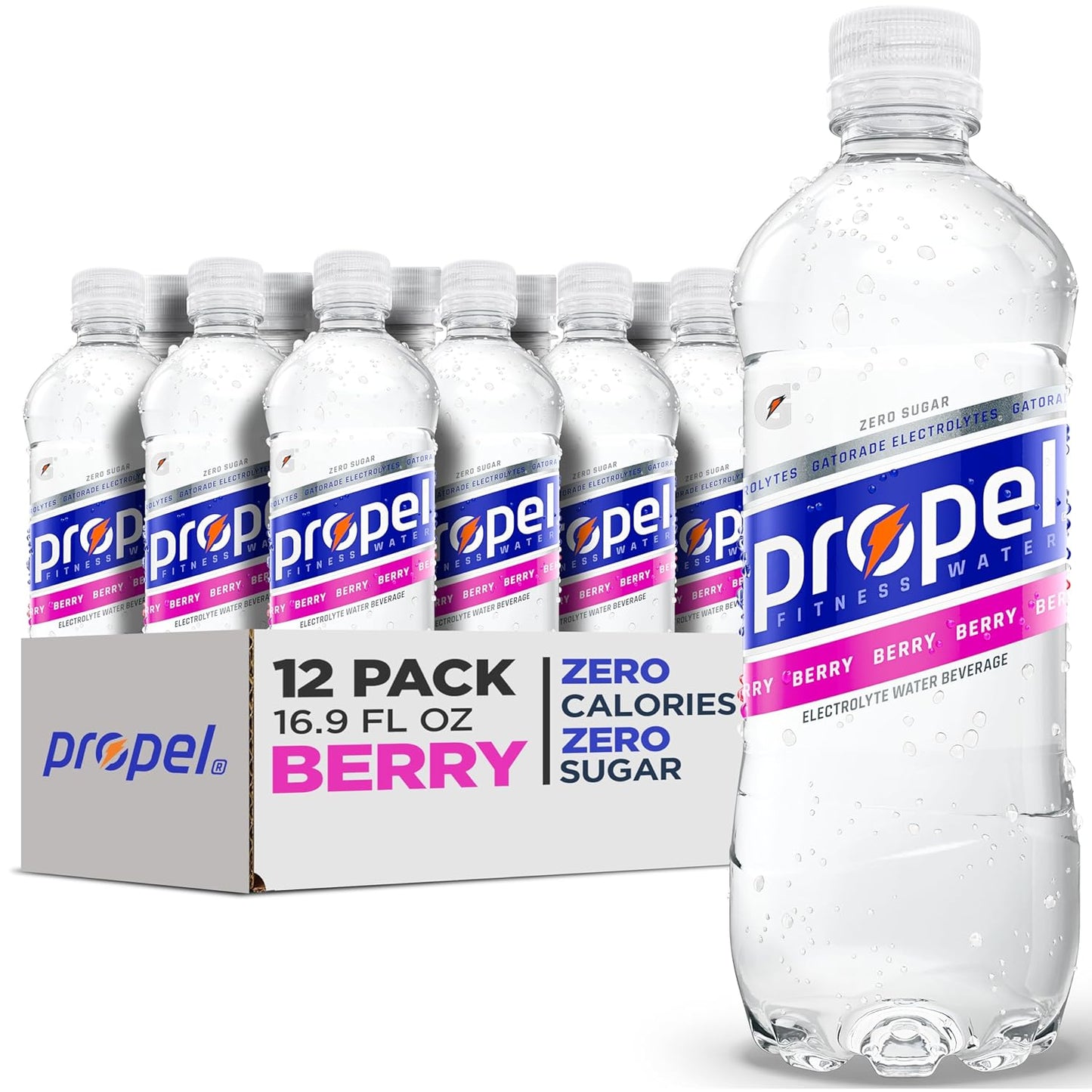 Propel Electrolyte Enhanced Water Sports Drink, Berry Flavored Water, Zero Calorie & Zero Sugar Hydration with Electrolytes and Vitamins C & E, 16.9 fl oz Water Bottles (12 Pack)