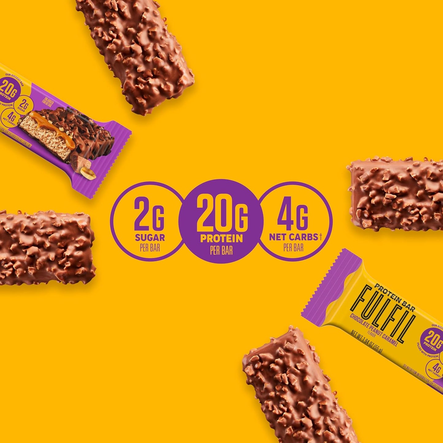FULFIL Protein Bars, Chocolate Peanut Caramel Flavored, Gluten Free with 20g Protein, Pantry Staples, 12 Count