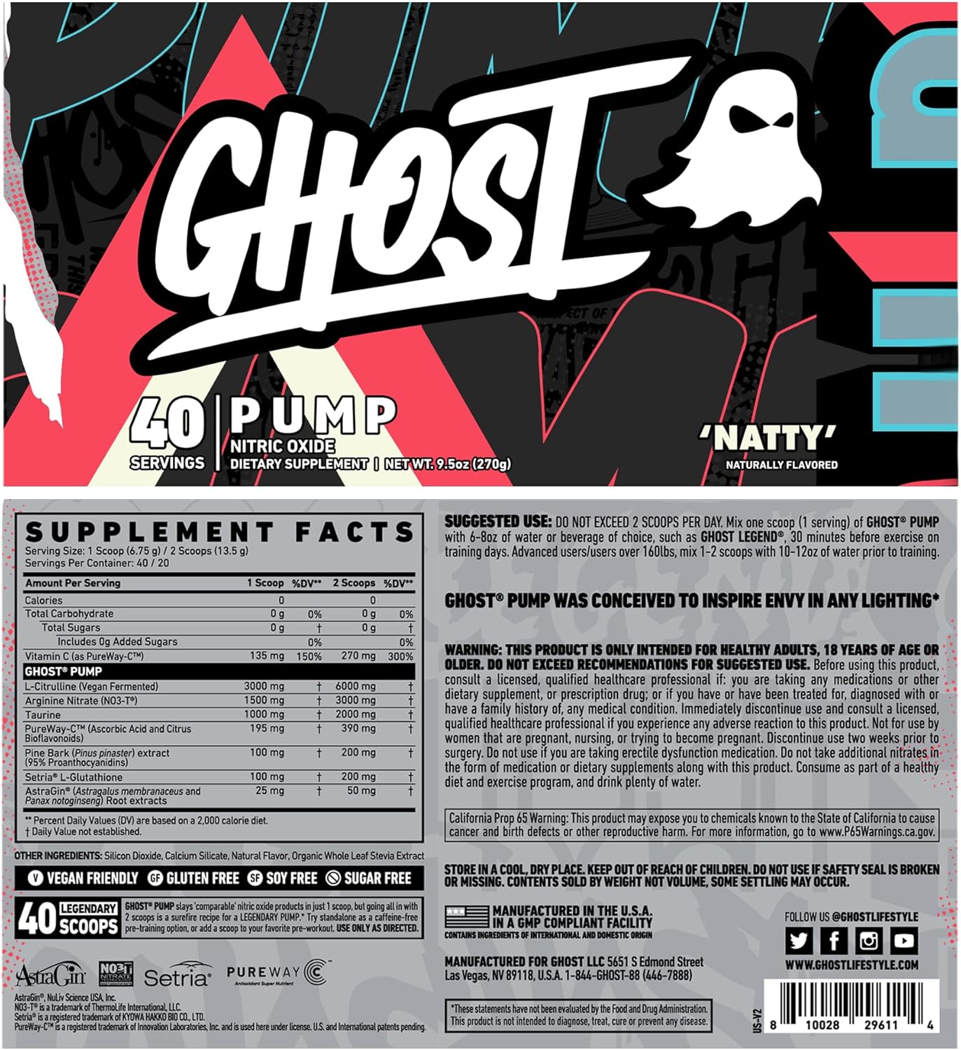 GHOST Pump Nitric Oxide Powder, Natty - 40 Servings - Sugar & Stim-Free Pre-Workout Supplements - L-Citrulline, Arginine Nitrate & L-Glutathione - Soy & Gluten-Free, Vegan