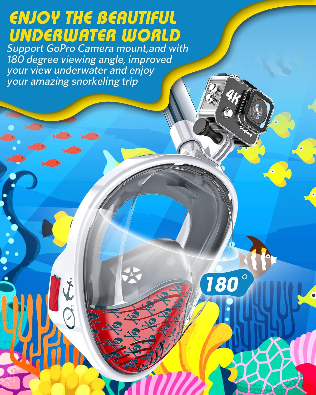 QingSong Kids Snorkel Mask Full Face, Snorkeling Set with Camera Mount, Foldable 180 Degree Panoramic View Snorkeling Gear Anti-Fog Anti-Leak