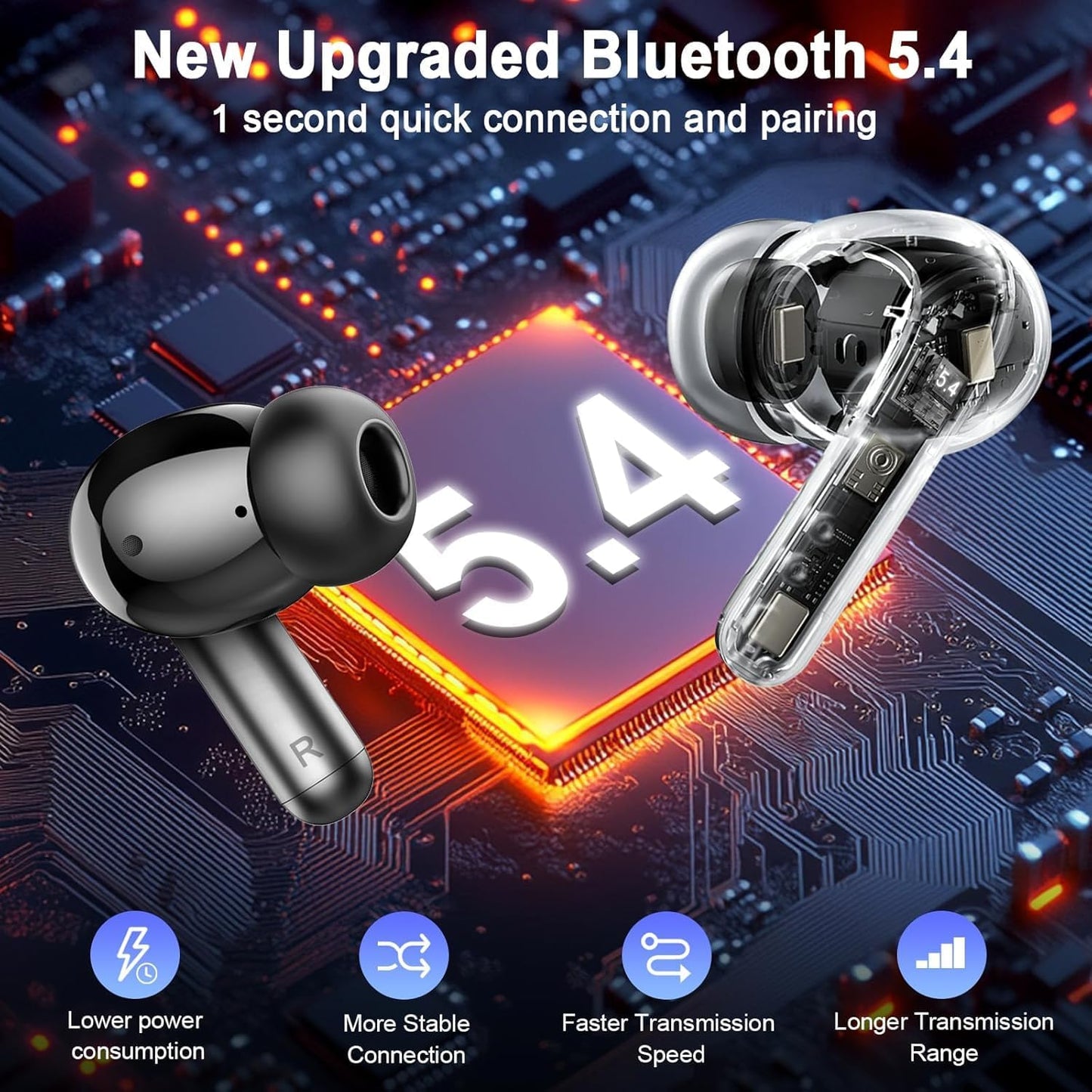 Wireless Earbuds, 2025 Bluetooth 5.4 Headphone 3D Bass Hi-Fi Stereo Ear Buds, 4 ENC Noise Cancelling Mic, 40H 3g USB-C in-Ear Earphone, IP7 Waterproof Workout Sport for Laptop Pad Android iOS, Black