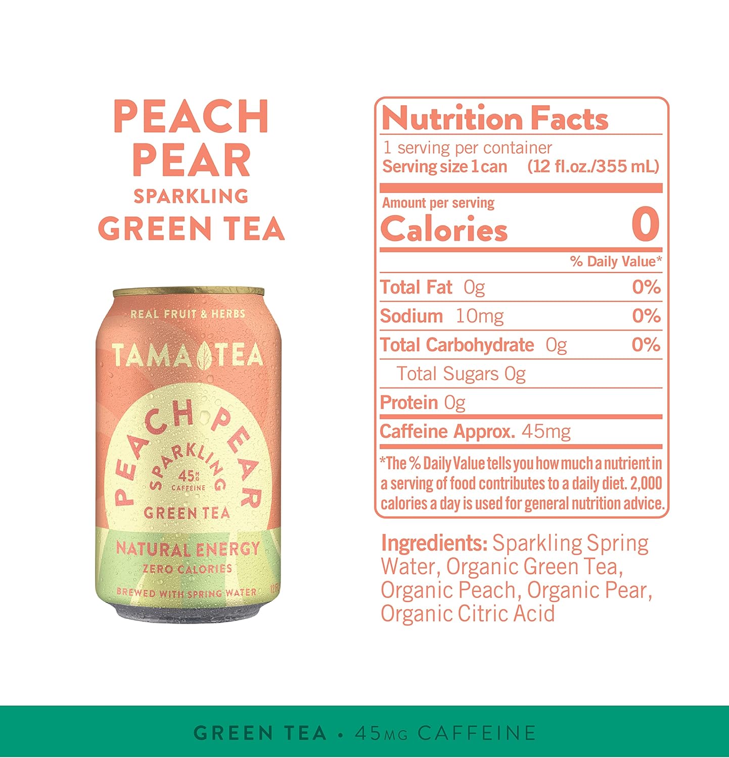 Tama Tea Sugar-Free Sparkling Green Tea, Peach Pear – Organic & Naturally Energizing – Zero Calories, Zero Carbs, Non-GMO – Antioxidant-Rich with 45mg Natural Caffeine – 12 oz Cans (12-Pack)