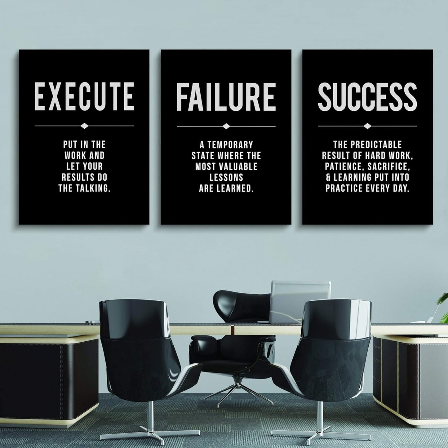 Framed Canvas Wall Art Success Quote, Office Wall Art, Black Large Poster, Positive Motivational Set of 3 Prints, Execute Failure Definition, Inspirational Print (A-3pcs,24x36inchx3pcs)