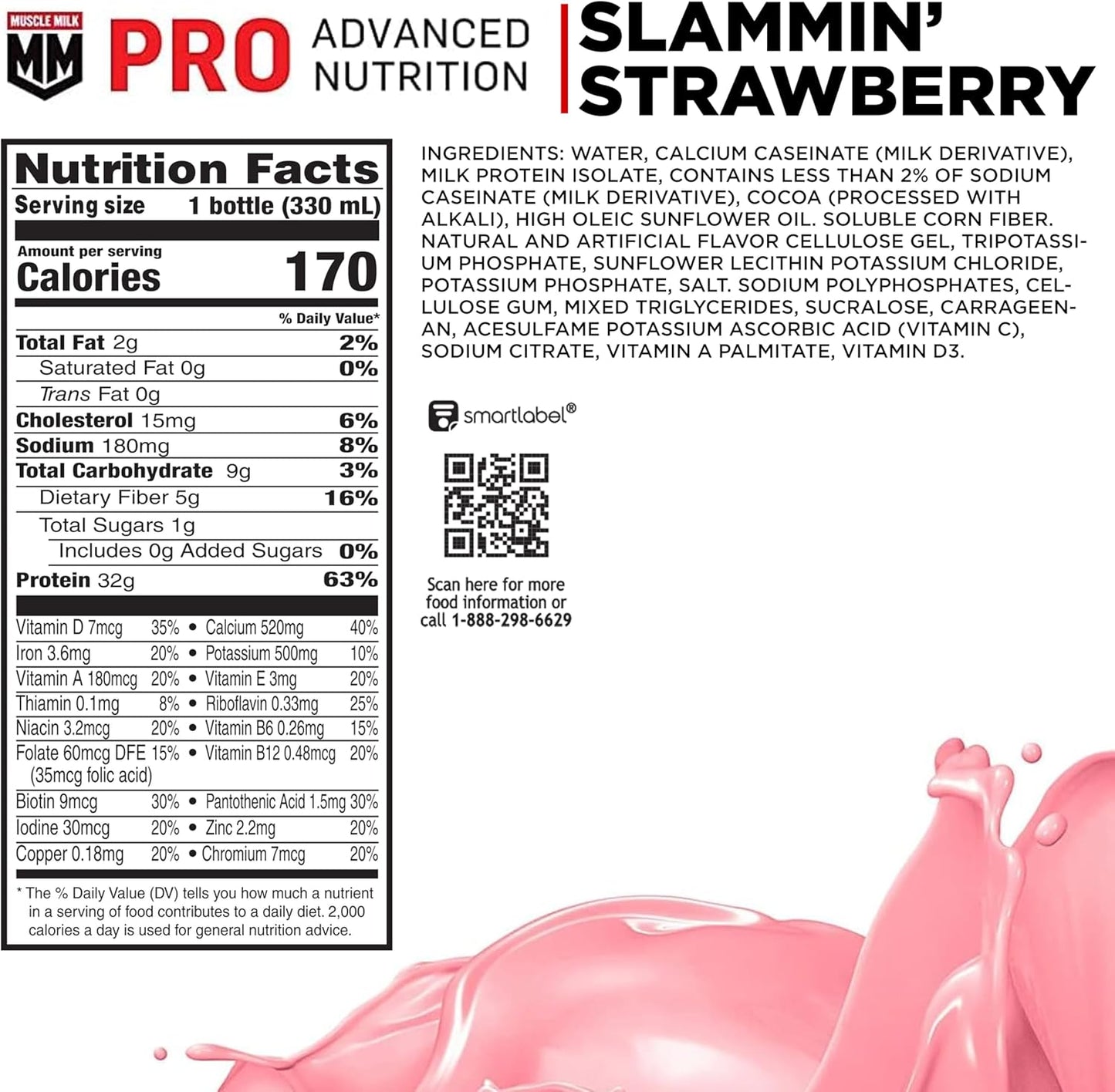 Muscle Milk Pro Advanced Nutrition Protein Shake, Slammin' Strawberry, 11.16 Fl Oz (Pack of 12), 32g Protein, 1g Sugar, 16 Vitamins & Minerals, 5g Fiber