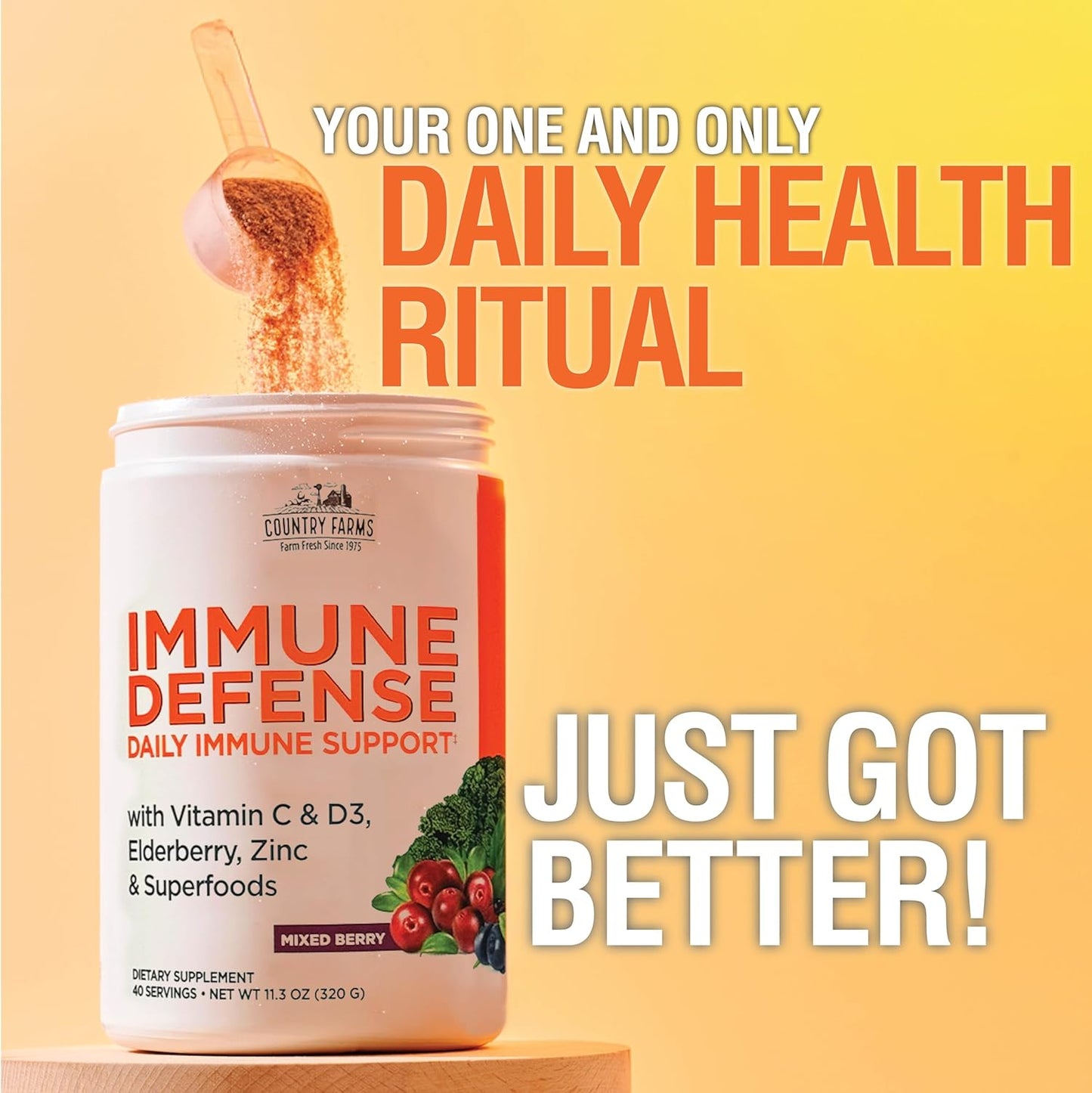 COUNTRY FARMS Immune Defense Superfoods, Immune Support Supplement, Vitamin C with Black Elderberry, Echinacea, Turmeric, Supports Hydration, with Probiotics and Prebiotics, Berry Flavor, 40 Servings