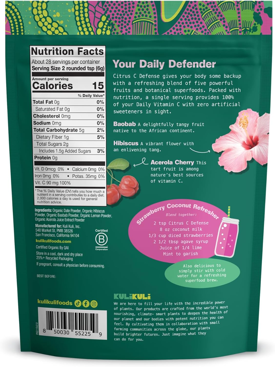Kuli Kuli Citrus C Defense Superfood Powder [30 Servings] - Immune Support with Acerola Cherry, Hibiscus, Lucuma, and Baobab - Natural Vitamin C Boost for Daily Wellness