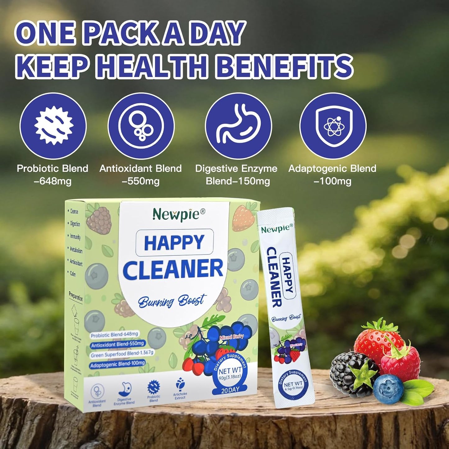 Newpie Superfoods Happy Cleaner Probiotic Powder,Watermelon Flavor Prebiotic & Probiotic Powder,Organic Fiber,Sugar Free,Gut Health,Natural Antioxidant for Women Men (20 Packet, Mixed Berry)