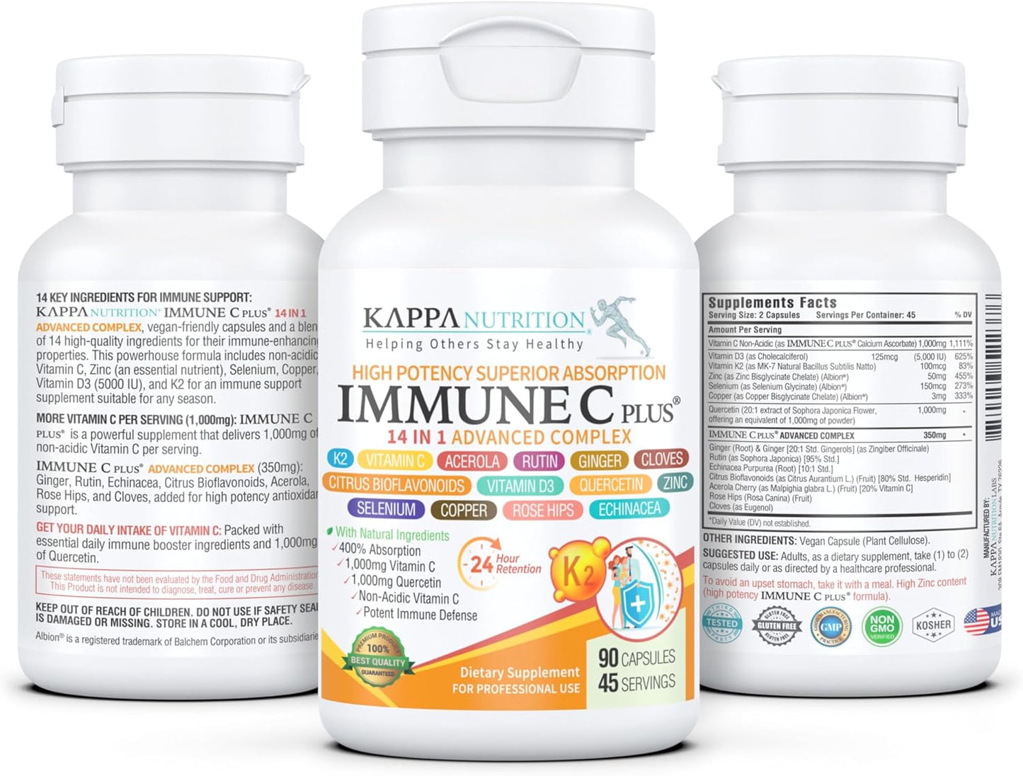 Quercetin 1,000mg, Vitamin C 1,000mg, Zinc 50mg, Vitamin D3 5,000iu, Selenium, Copper, Acerola, Ginger, Rutin, Bitter Orange, Rose Hips, Echinacea, Immune C Plus, 14 in 1 Immune C Plus (90 Count)