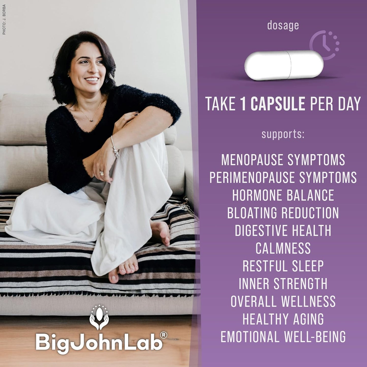 BIGJOHNLAB® - Menopause Total Support – Advanced Probiotic Formula with 5 Strains & 15 Billion CFU, Resveratrol, Black Cohosh, Acacia Fiber, Non-GMO & 100% Vegetarian