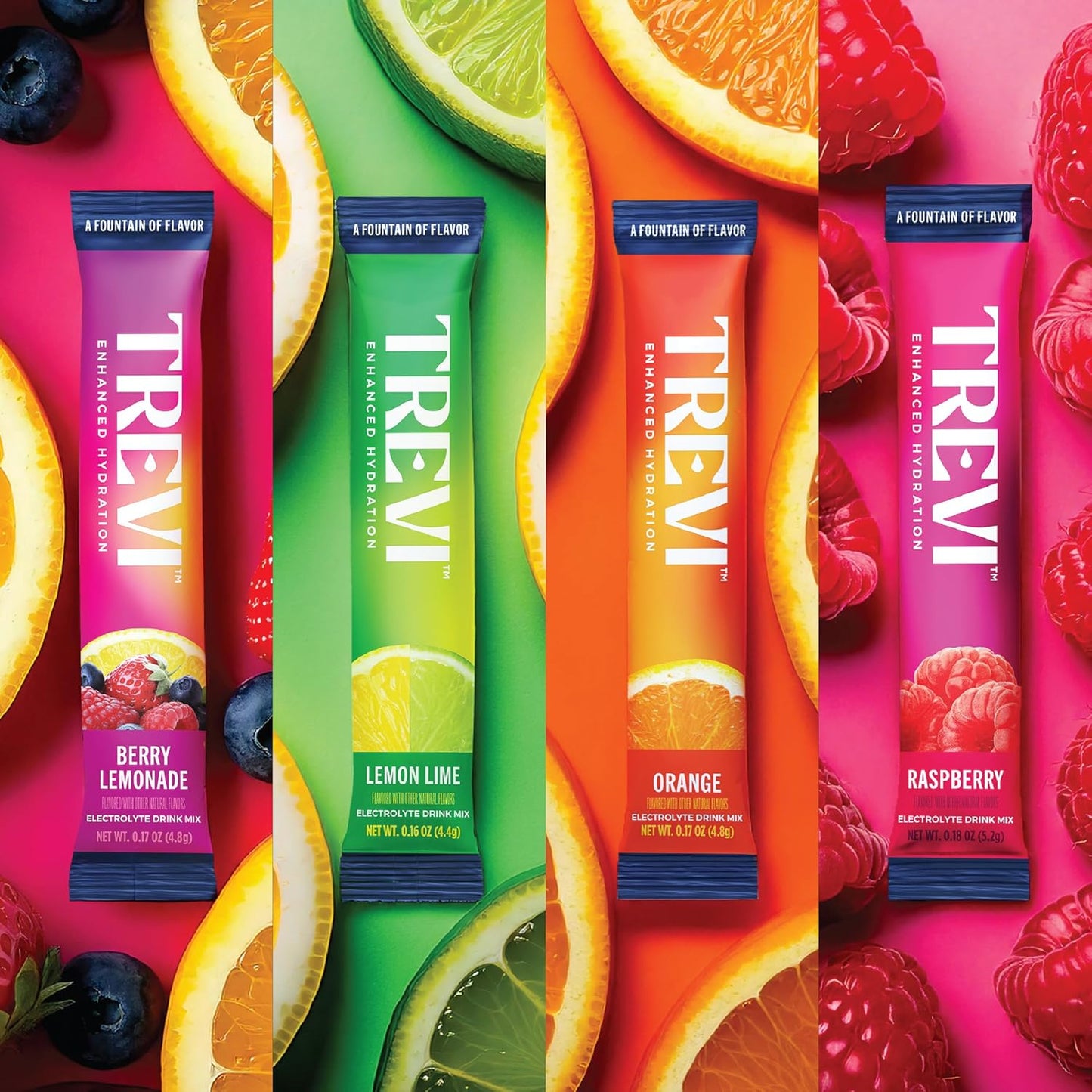 TREVI™ Sugar Free Electrolytes - Drink Mix Hydration Powder Packets - 28 Count - Original Variety Pack - Berry Lemoande, Lemon Lime, Raspberry, Orange