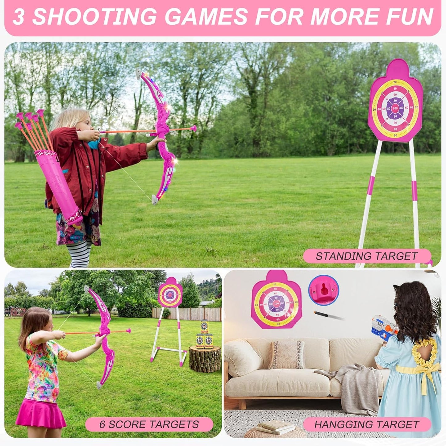 2 Pack Bow and Arrow Toy for Kids 3-8-12, LED Light Up Archery Set with Shooting Game Toy & Standing Target for Boys and Girls Age 5 6 7 8 9 10 11+, Indoor Outdoor Activity Toys for Birthday