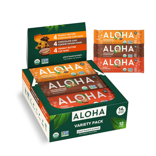ALOHA Organic Plant Based Protein Bars - 3 Flavor Variety Pack - 12 Count, 1.98oz Bars - Vegan Snacks, Low Sugar, Gluten-Free, Low Carb, Paleo, Non-GMO, Stevia-Free, No Sugar Alcohol Sweeteners