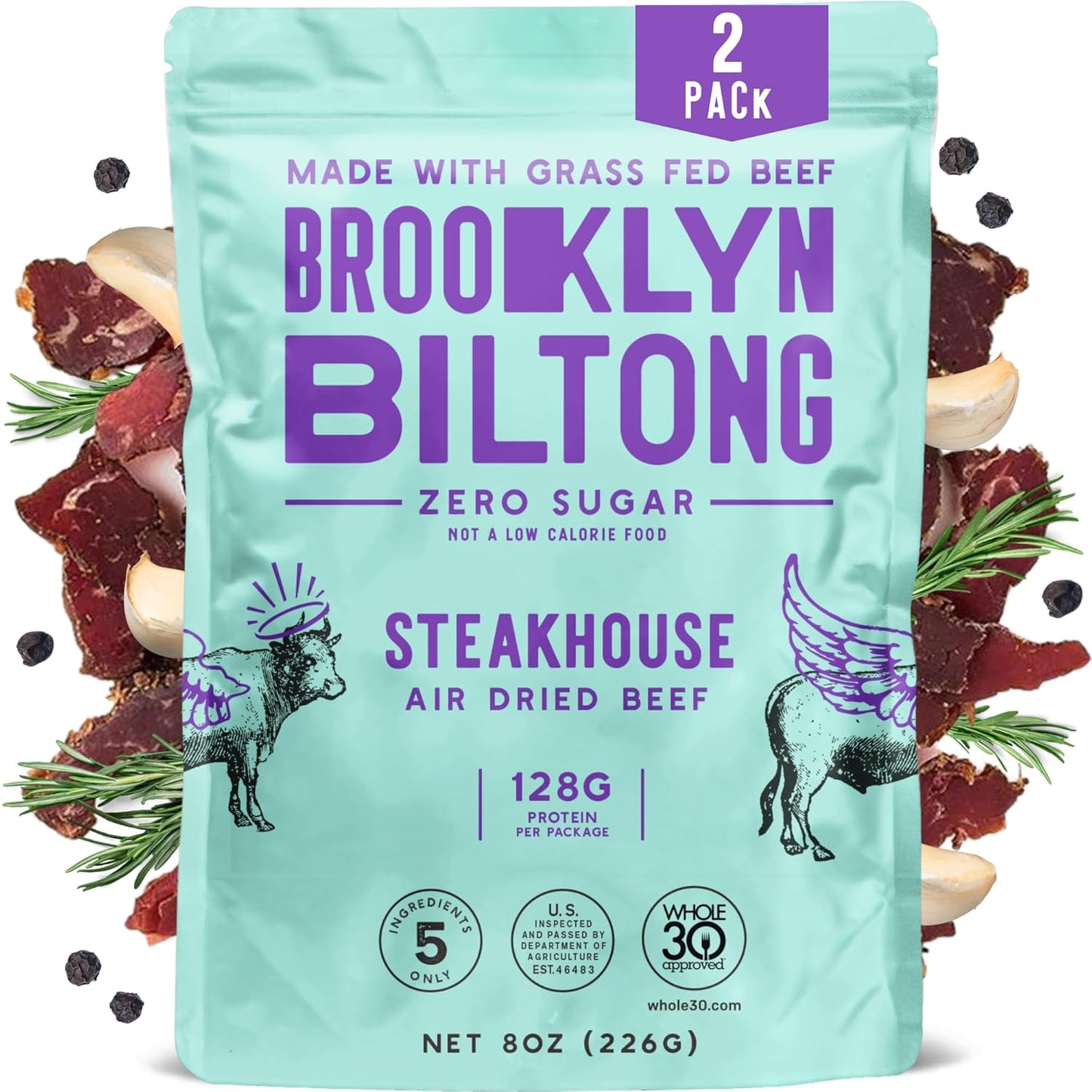 Brooklyn Biltong Air Dried Grass Fed Beef Snack, South African Beef Jerky (8 oz, Pack of 2) - Whole30 Approved, Paleo, Keto, Gluten Free, Sugar Free, Made in USA - (Steakhouse)
