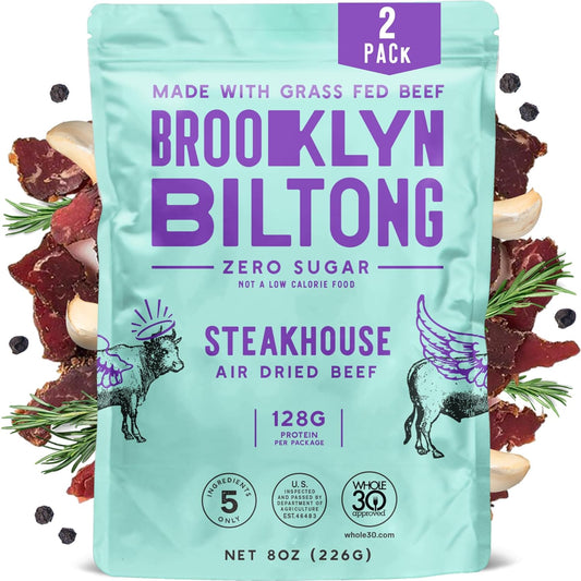 Brooklyn Biltong Air Dried Grass Fed Beef Snack, South African Beef Jerky (8 oz, Pack of 2) - Whole30 Approved, Paleo, Keto, Gluten Free, Sugar Free, Made in USA - (Steakhouse)