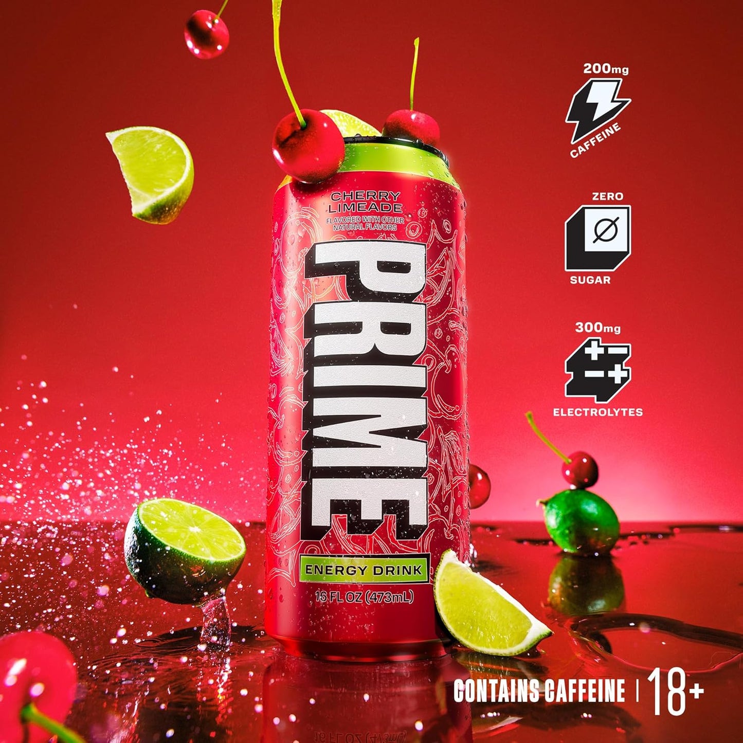PRIME Energy CHERRY LIMEADE, Zero Sugar Energy Drink, 200mg Caffeine and 300mg of Electrolytes for Hydration, Vegan, Gluten Free,16 Fluid Ounce, 12 Pack