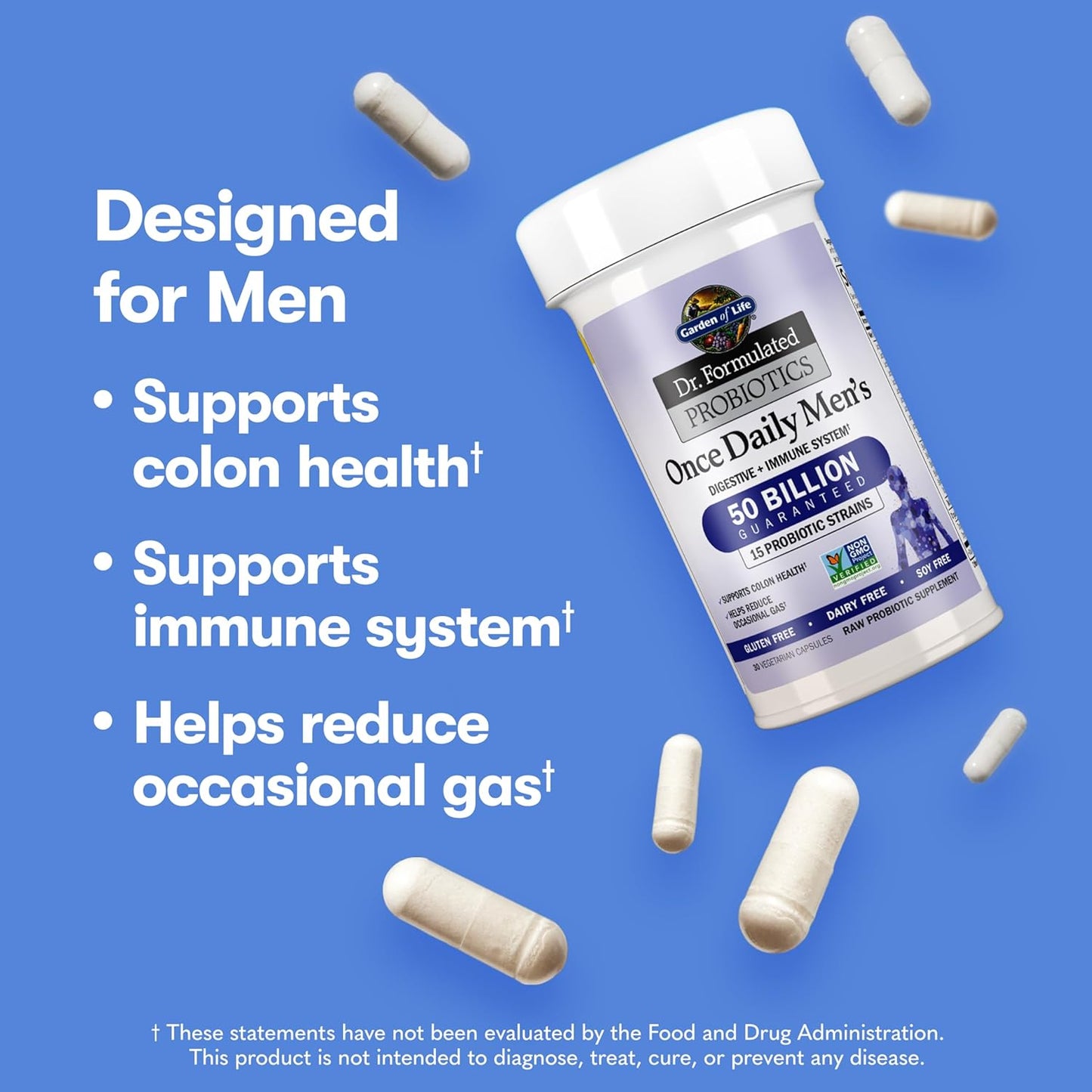 Garden of Life Probiotics for Men, Dr Formulated 50 Billion CFU 15 Probiotics for Digestive Health + Organic Prebiotic Fiber, Colon & Immune Support, Daily Gas Relief, Shelf Stable, 30 Capsules