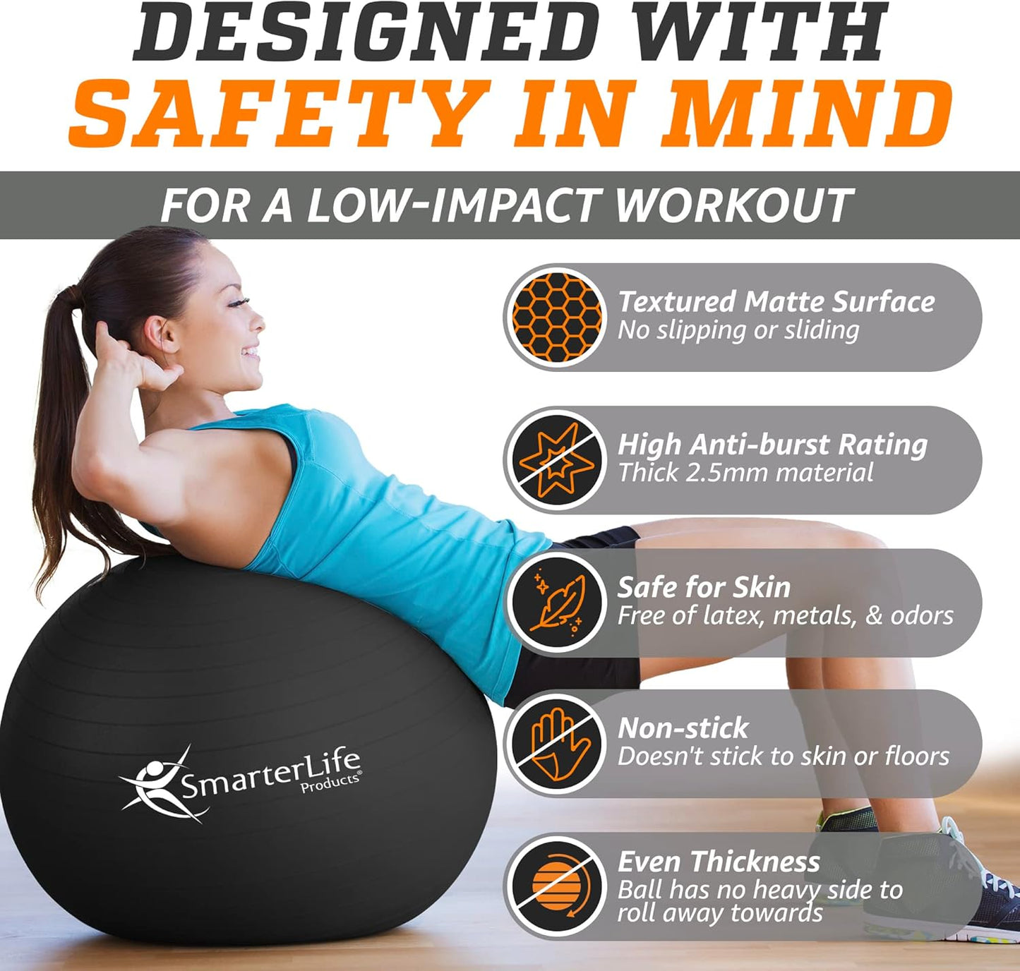 SmarterLife Exercise Ball Yoga Ball for Fitness, Balance, Stability, or Pregnancy, Gym Ball for Core Workout, Physical Therapy, Yoga Ball Chair for Office, Anti-Slip Anti-Burst