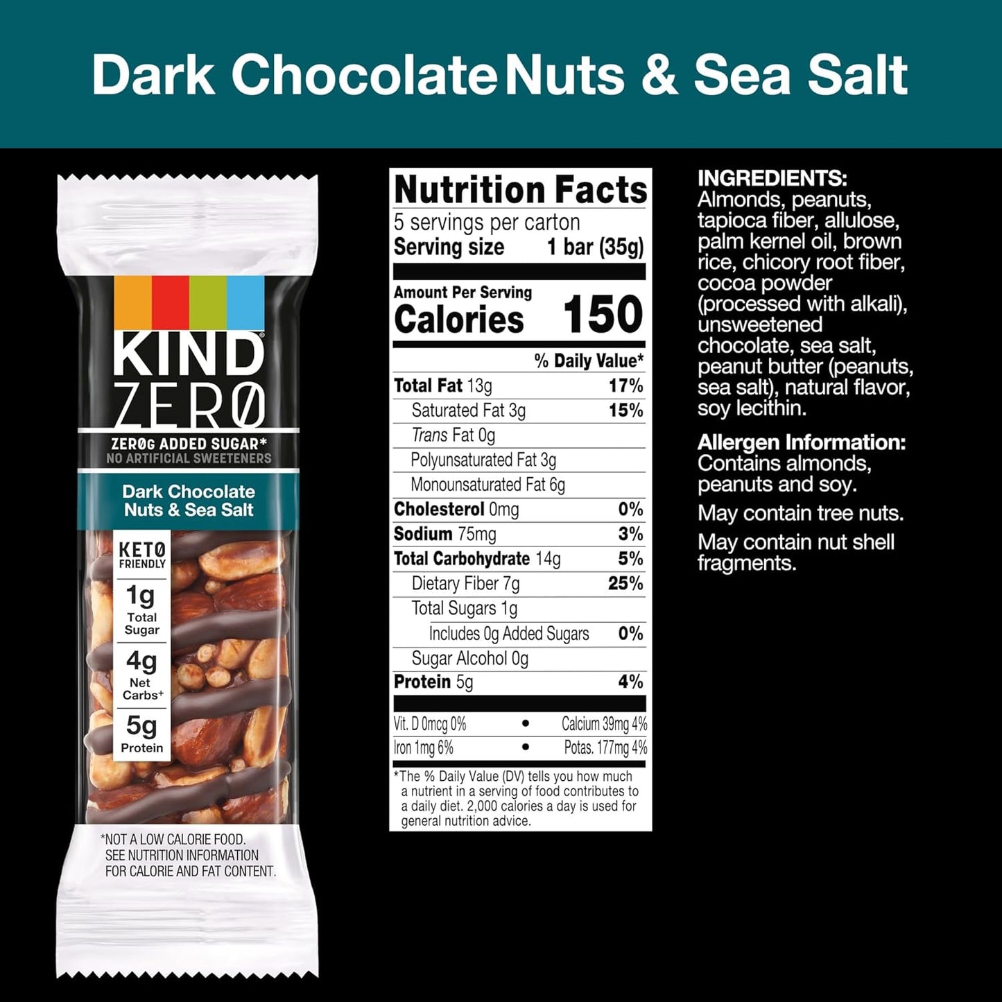 KIND ZERO Added Sugar Bars, Dark Chocolate Nuts and Sea Salt, Keto Friendly Snacks, Gluten Free, 5g Protein, 5 Count (Pack of 2)