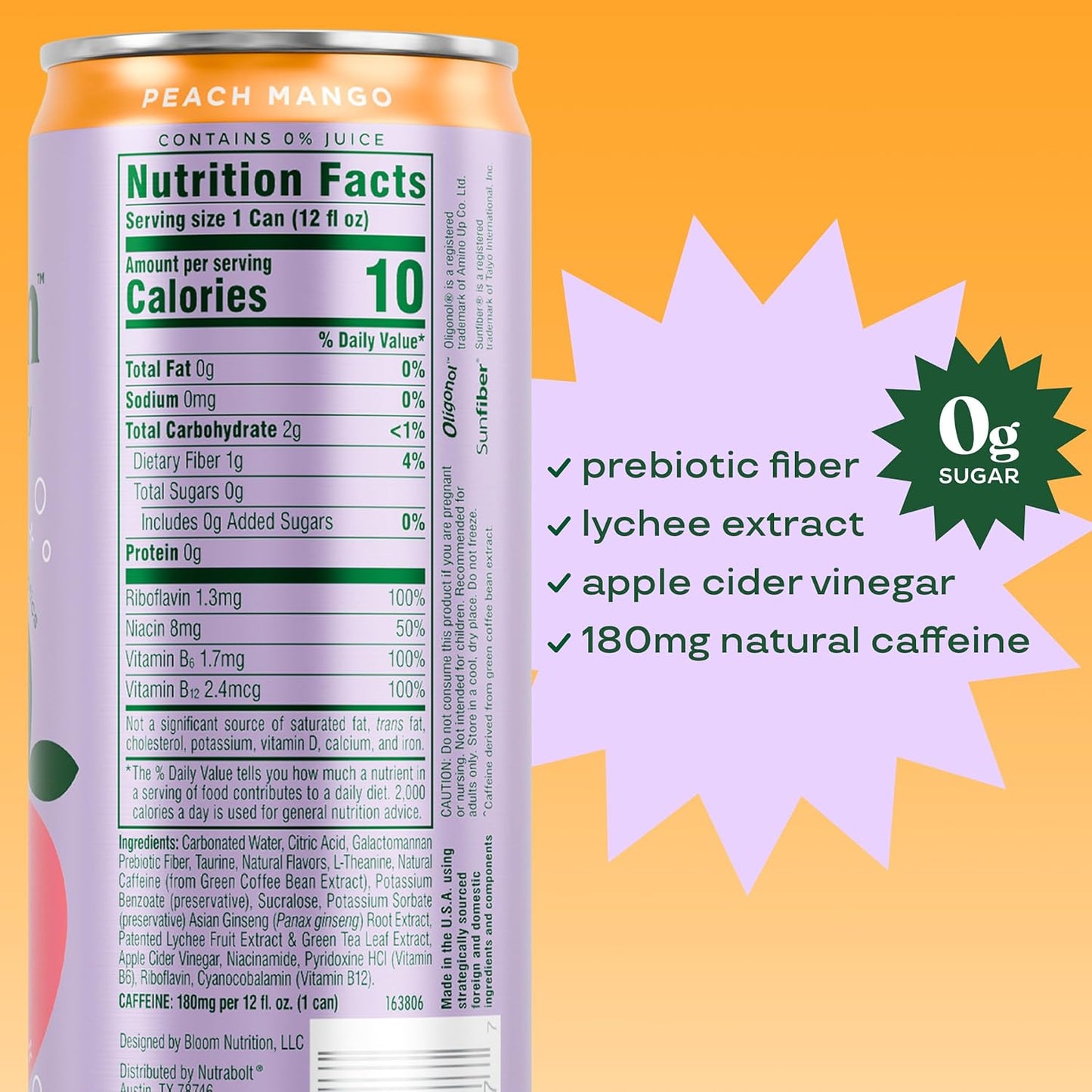 Bloom Nutrition Sparkling Energy Drink for Focus, Natural Caffeine, Zero Sugar, 180mg Caffeine, Antioxidant-Rich with Green Coffee Bean, Green Tea Extract, & Prebiotics, Peach Mango 12oz 24 Pack
