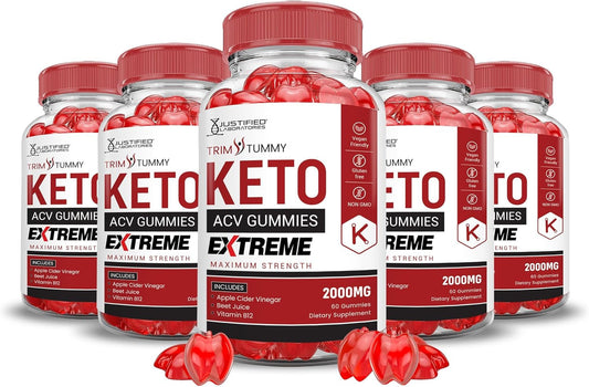 Justified Laboratories (5 Pack Trim Tummy Keto ACV Gummies Extreme 2000MG Trim Tummy Keto Gummies Apple Cider Vinegar Formulated with Pomegranate Beet Juice Powder B12 Vegan Non GMO 300 Gummys