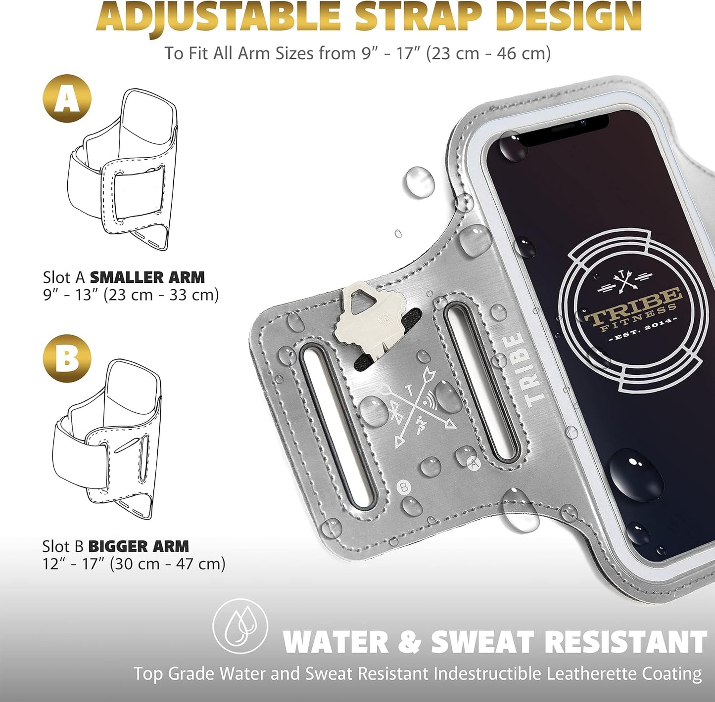 TRIBE Water Resistant Cell Phone Armband Case Running Holder for iPhone Pro Max Plus Mini SE (13/12/11/X/XS/XR/8/7/6/5) Galaxy S Ultra Plus Edge Note (21/20/10/9/8/7/6/5) Adjustable Strap & Key Pocket