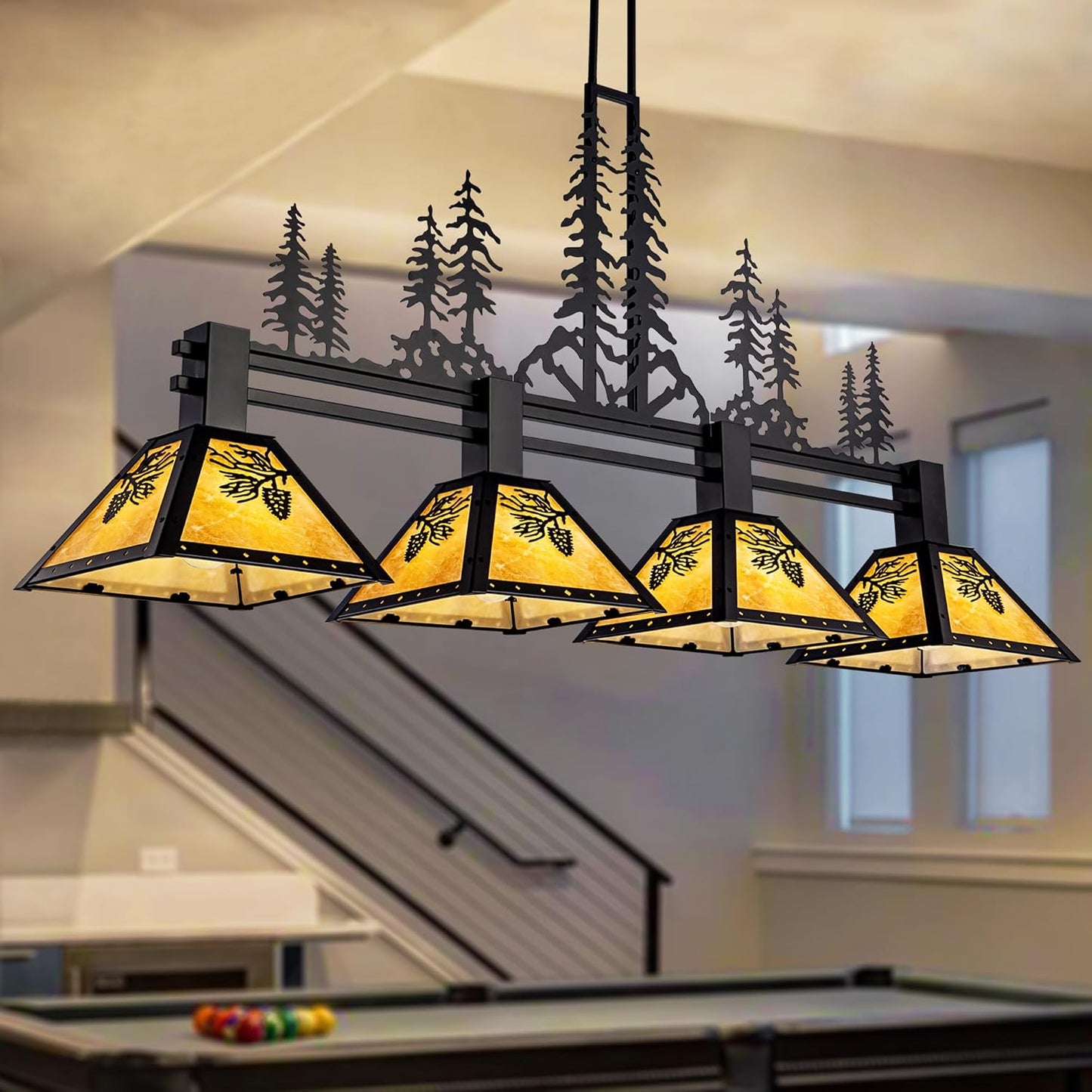 TOCHIC 64" Pool Table Light, 4 Lights Tiffany Billiard & Pool Table Lights, Farmhouse Chandelier for Dining Room Rustic Hanging Ceiling Light Fixture for 7 to 9 ft Tables Game Room Basement Bar