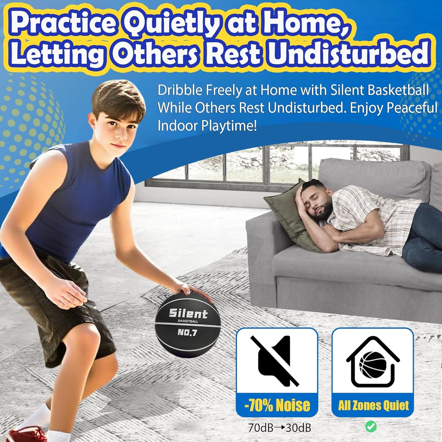 2025 Upgraded Silent Basketball Size 7 - Indoor Noiseless Airless Foam Basketball, Quiet Dribble Dream Training Ball with Soft Soundless Bounce-Pink