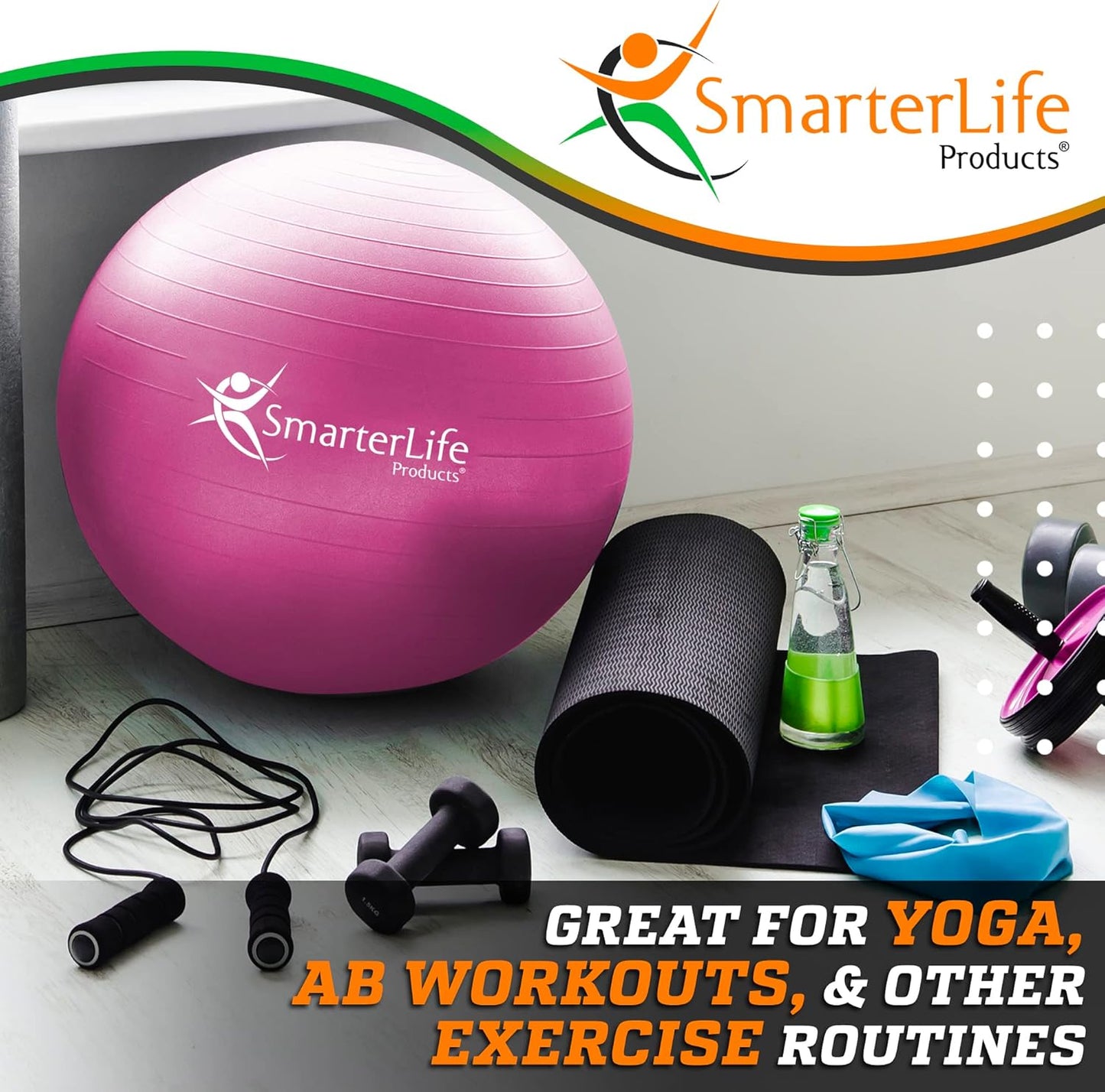 SmarterLife Exercise Ball Yoga Ball for Fitness, Balance, Stability, or Pregnancy, Gym Ball for Core Workout, Physical Therapy, Yoga Ball Chair for Office, Anti-Slip Anti-Burst