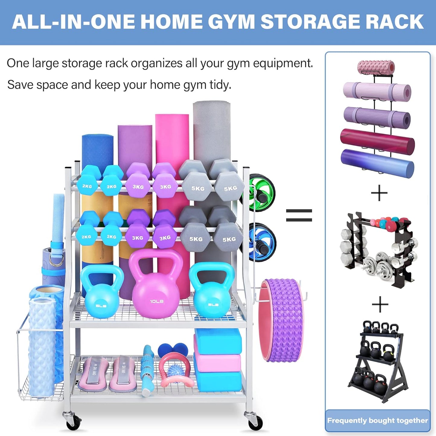Dumbbell Rack, Yoga Mat Storage Rack - Weight Rack for Dumbbells, Home Gym Storage Rack for Yoga Mat, Dumbbells and Kettlebells, All in One Workout Equipment Storage with Caster Wheels