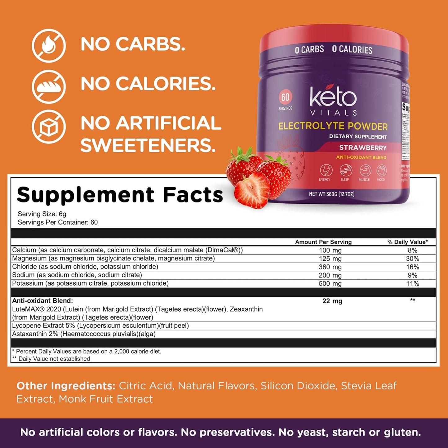 Keto Vitals Antioxidant Electrolytes Powder - Blend Electrolytes with Potassium, Magnesium, Sodium, Calcium | Keto Electrolytes Supplement Energy Drink Mix | Sugar-Free, Zero Calories, Zero Carbs