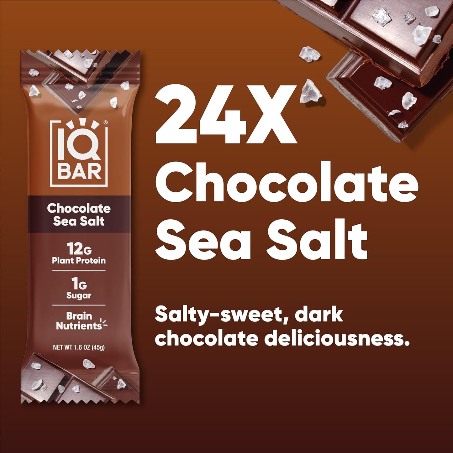 IQBAR Brain and Body Plant Protein Bars - Chocolate Sea Salt - 24-Count Low Carb - Gluten Free, High Fiber, Vegan Snacks - Low Sugar Meal Replacement