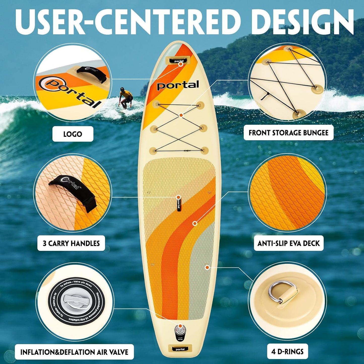 PORTAL SUP Inflatable Paddle Board for Adults 10'6'' Stand Up Paddleboard,Non-Slip Deck Blow up Paddle Boards with Adjustable Paddle, Carry Bag, and Repair Kit