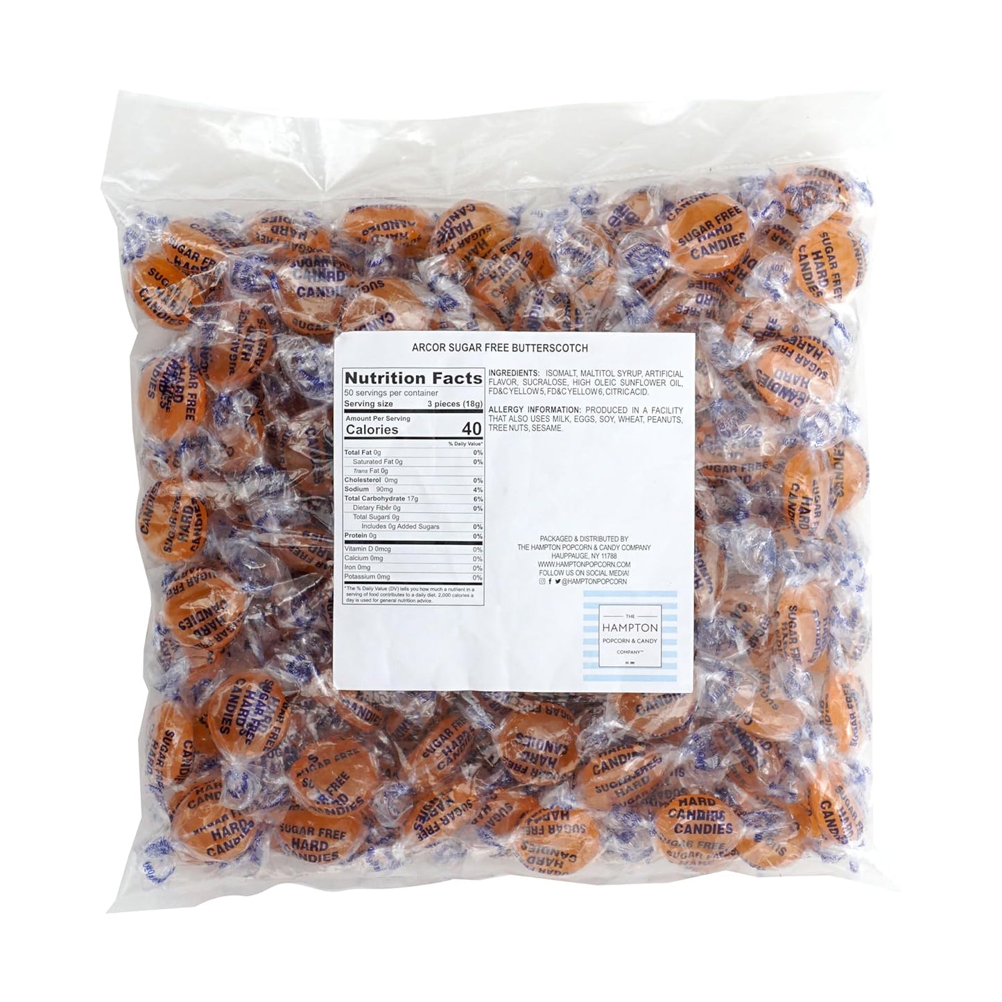 Arcor Sugar Free Butterscotch Hard Candy, 1 Pound Bulk Bag (Approx. 70 Pieces), Individually Wrapped Hard Candy, The Hampton Popcorn & Candy Company