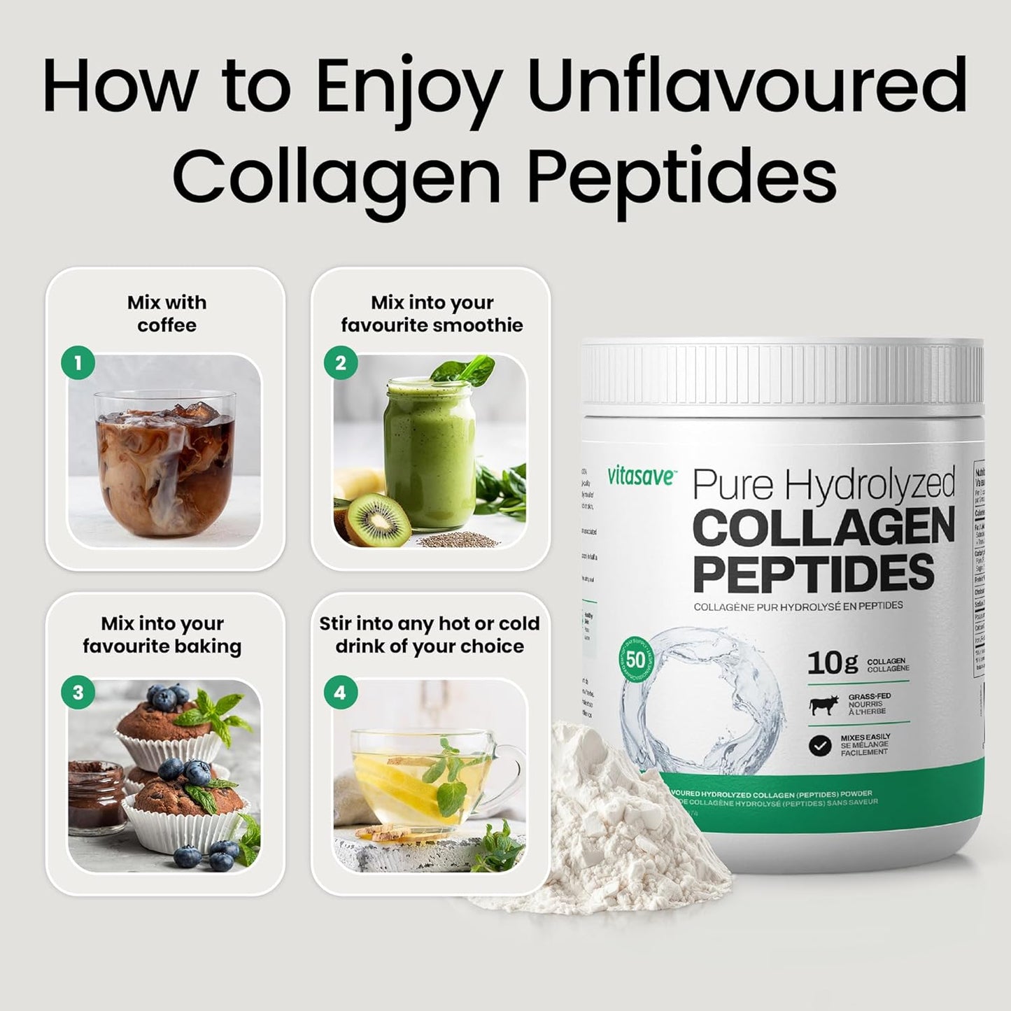 Collagen Peptides Powder – 10g Hydrolyzed Collagen per Serving – Unflavored, Grass-Fed, Keto Friendly – Skin, Hair, Nails & Joint Support – 500g