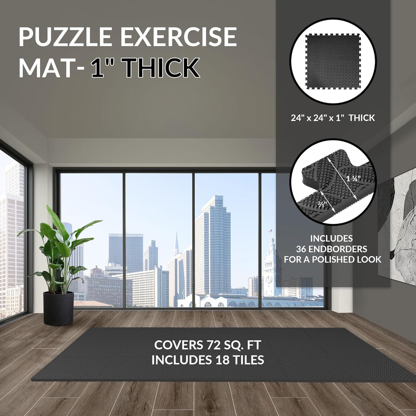 Puzzle Exercise Gym Flooring Mat, 1" Thick High-Density EVA Interlocking Tiles, Workout Mat for Home Gym, Fitness Equipment, MMA, Gymnastics, 18-Piece Shock-Absorbing Exercise Mat (72 Sq Ft)