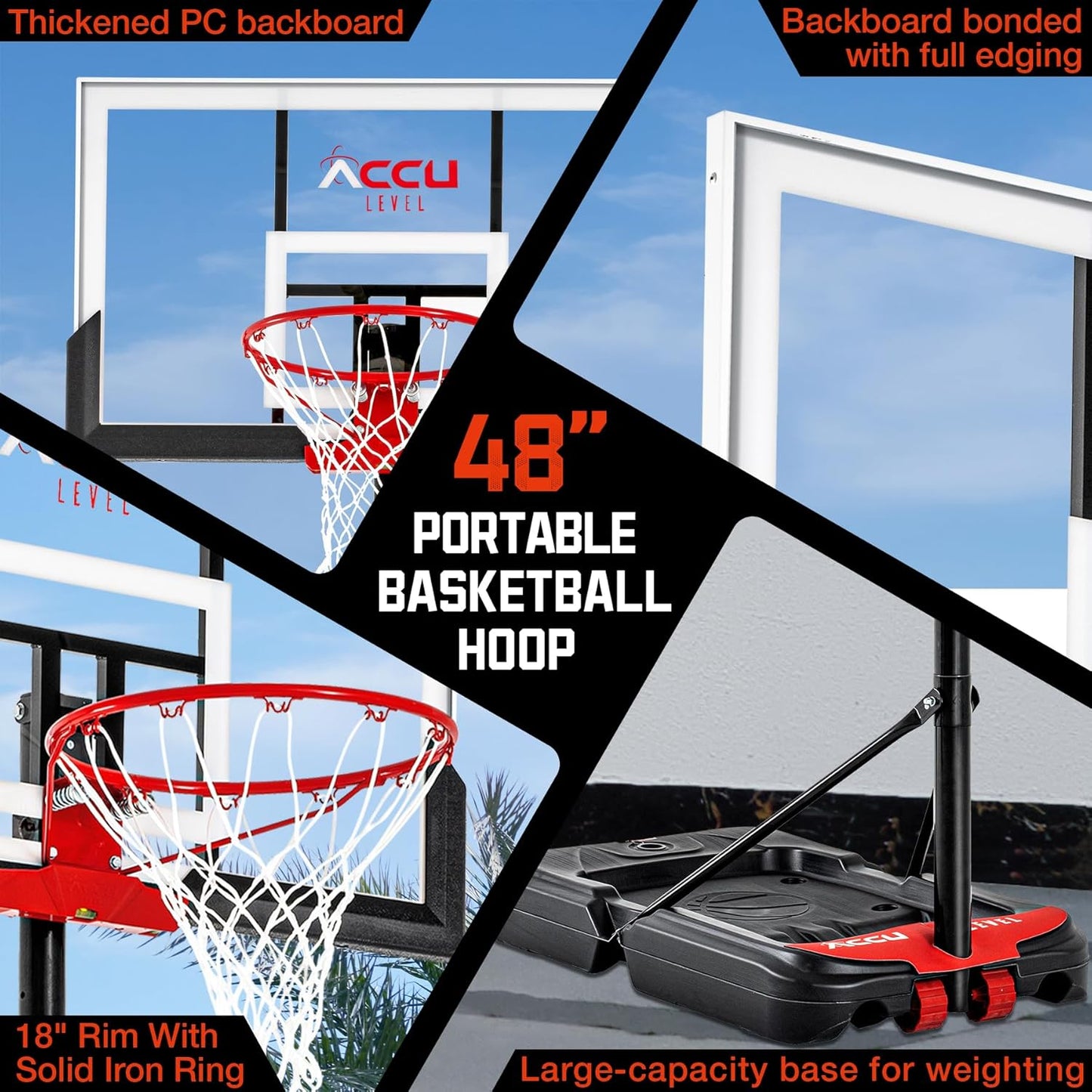 Basketball Hoop 4.7-10ft Adjustable Portable Basketball Goals System with 44-48 Inch Patented Angle Adjustable Backboard, for Kids Youth and Adults Outdoor Indoor Use