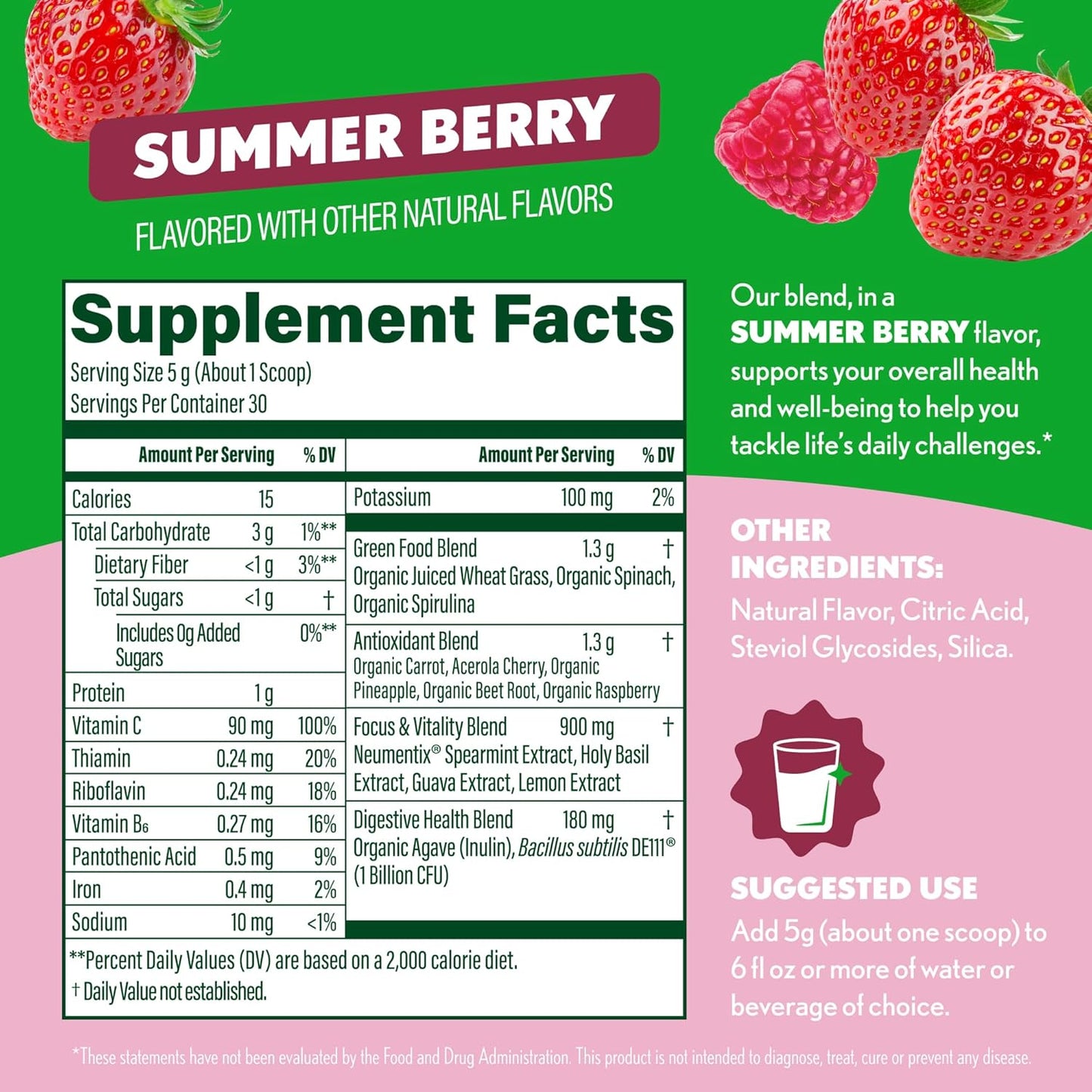 Amazing Grass Sweet Greens and Superfoods Powder for Digestive Health, Greens Powder, Digestive Enzymes, Probiotics, Spirulina, Chlorella, Summer Berry, 30 Servings