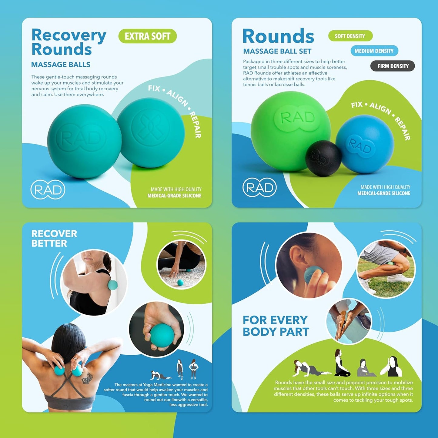 RAD Yoga Bundle for Myofascial Release, Muscle Recovery, & Relaxation – Includes Multi-Use Yoga Block, Neuro Ball Foot Roller, Peanut & Massage Balls in Multiple Sizes & Densities