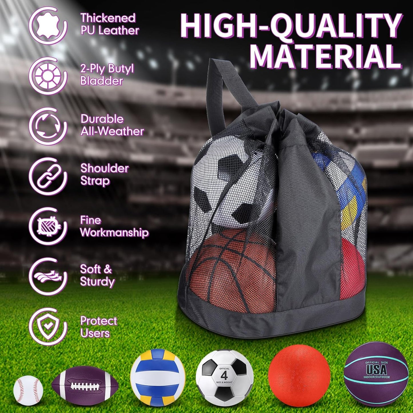 Realspring 6 Pcs Multi Sport Ball Set for Kid Teen Operation Christmas Official Size Football, Basketball, Soccer, Volleyball, Playground Ball, Baseball with Sports Equipment Bag Pump